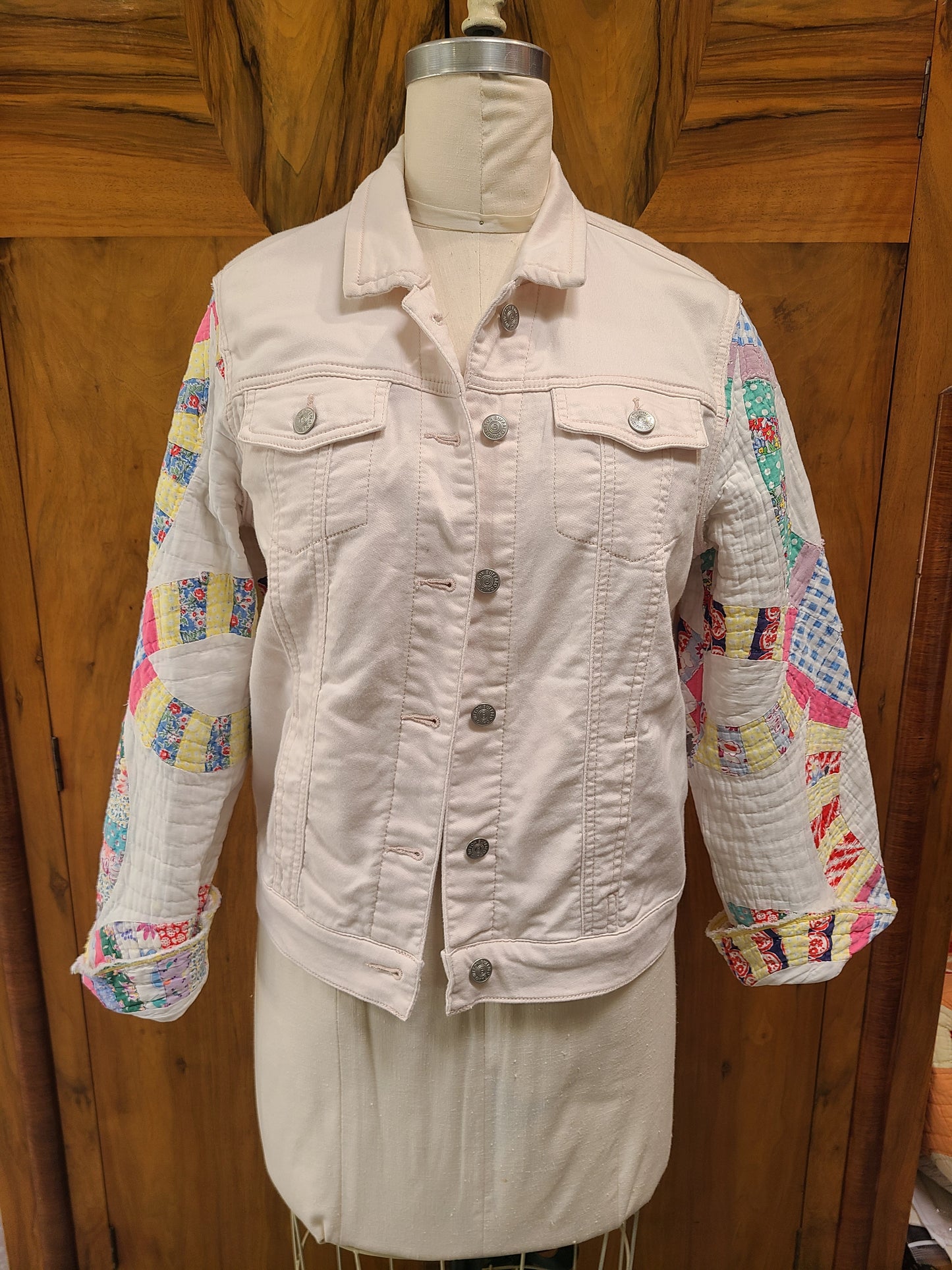 Pretty pale pink soft denim with vintage quilt arms