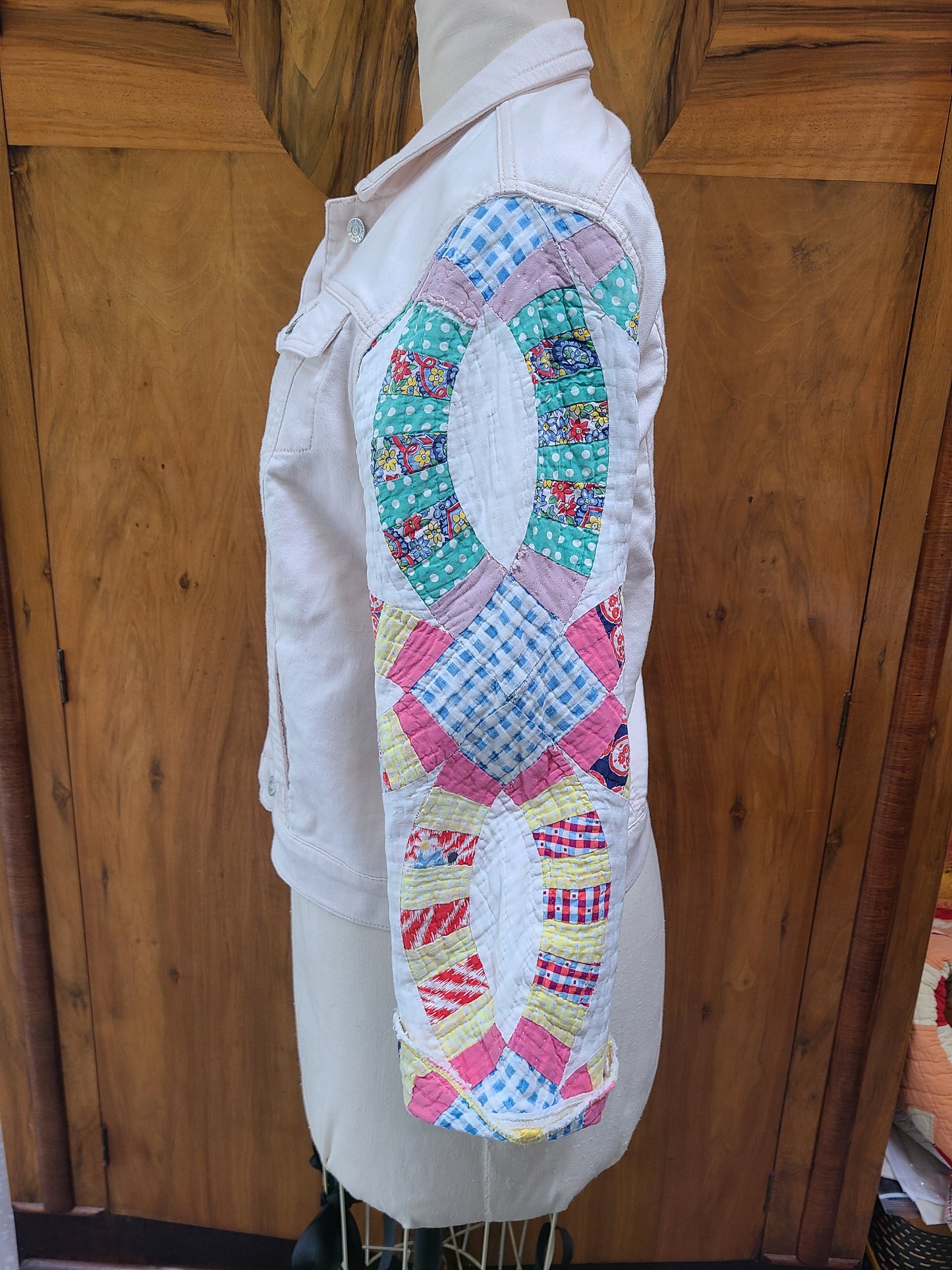 Pretty pale pink soft denim with vintage quilt arms