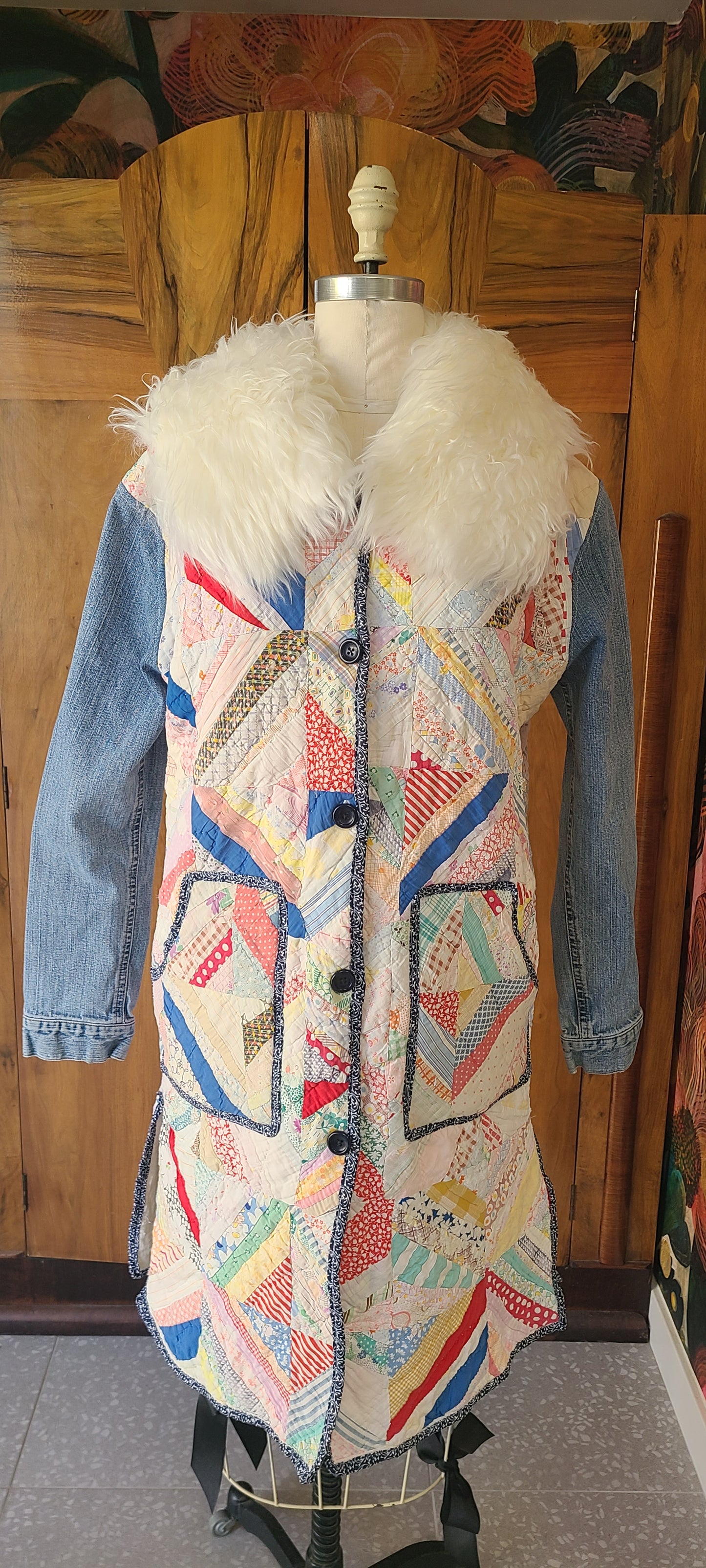 Spiderweb Quilt Duster, Denim Sleeves, Lambskin Collar