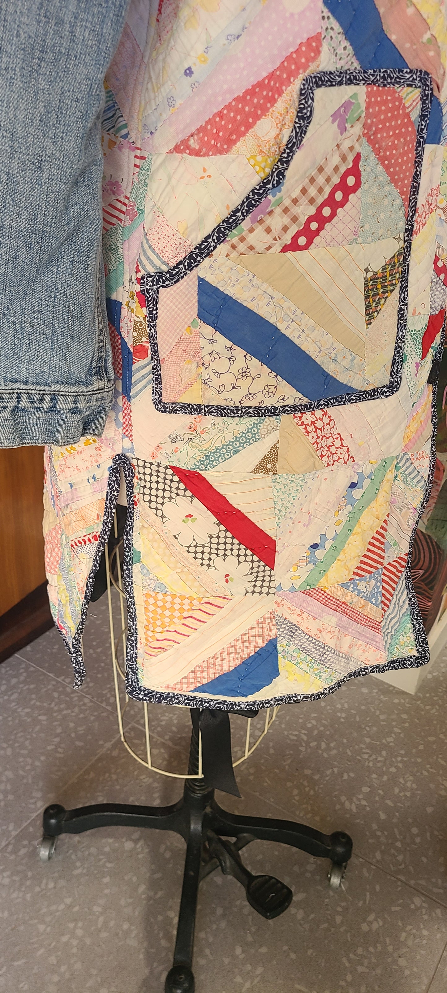 Spiderweb Quilt Duster, Denim Sleeves, Lambskin Collar