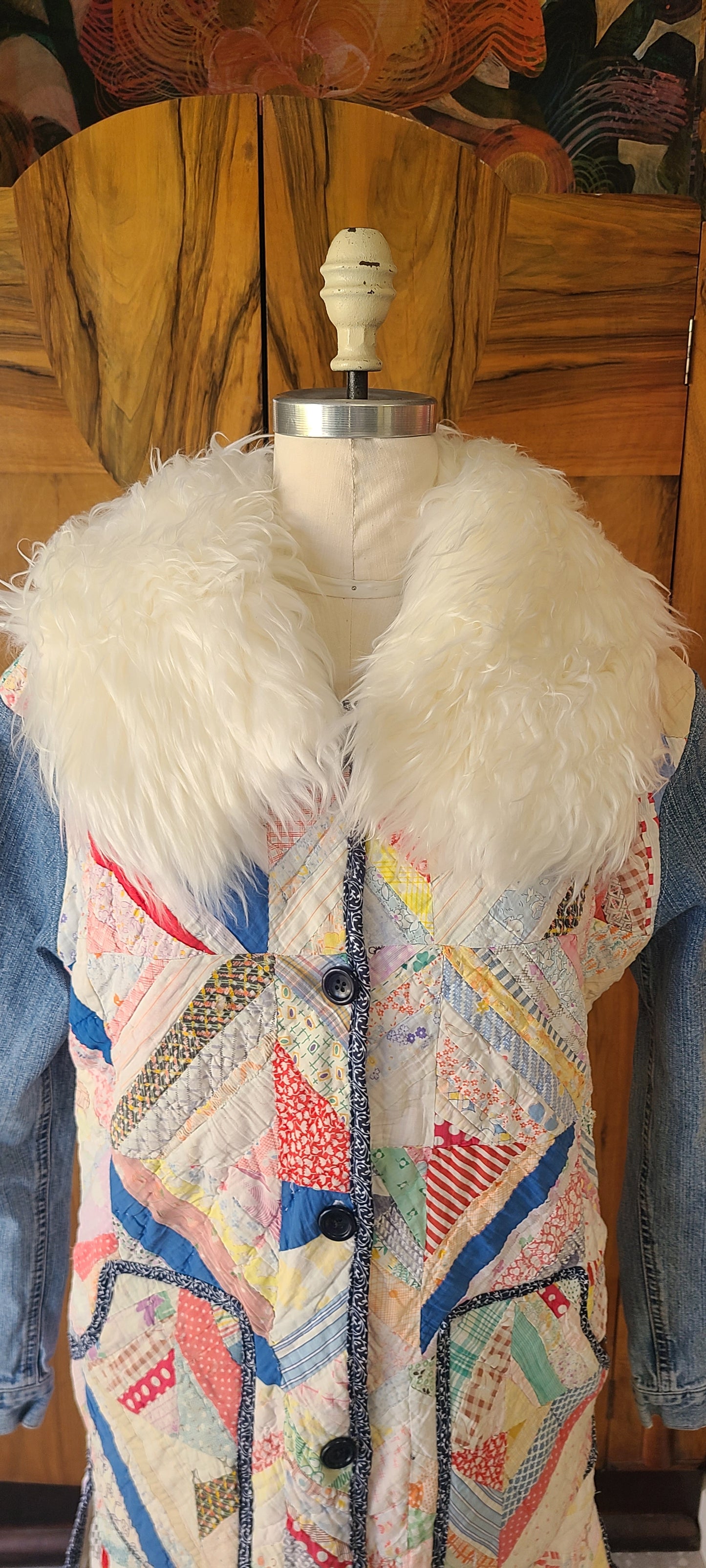 Spiderweb Quilt Duster, Denim Sleeves, Lambskin Collar
