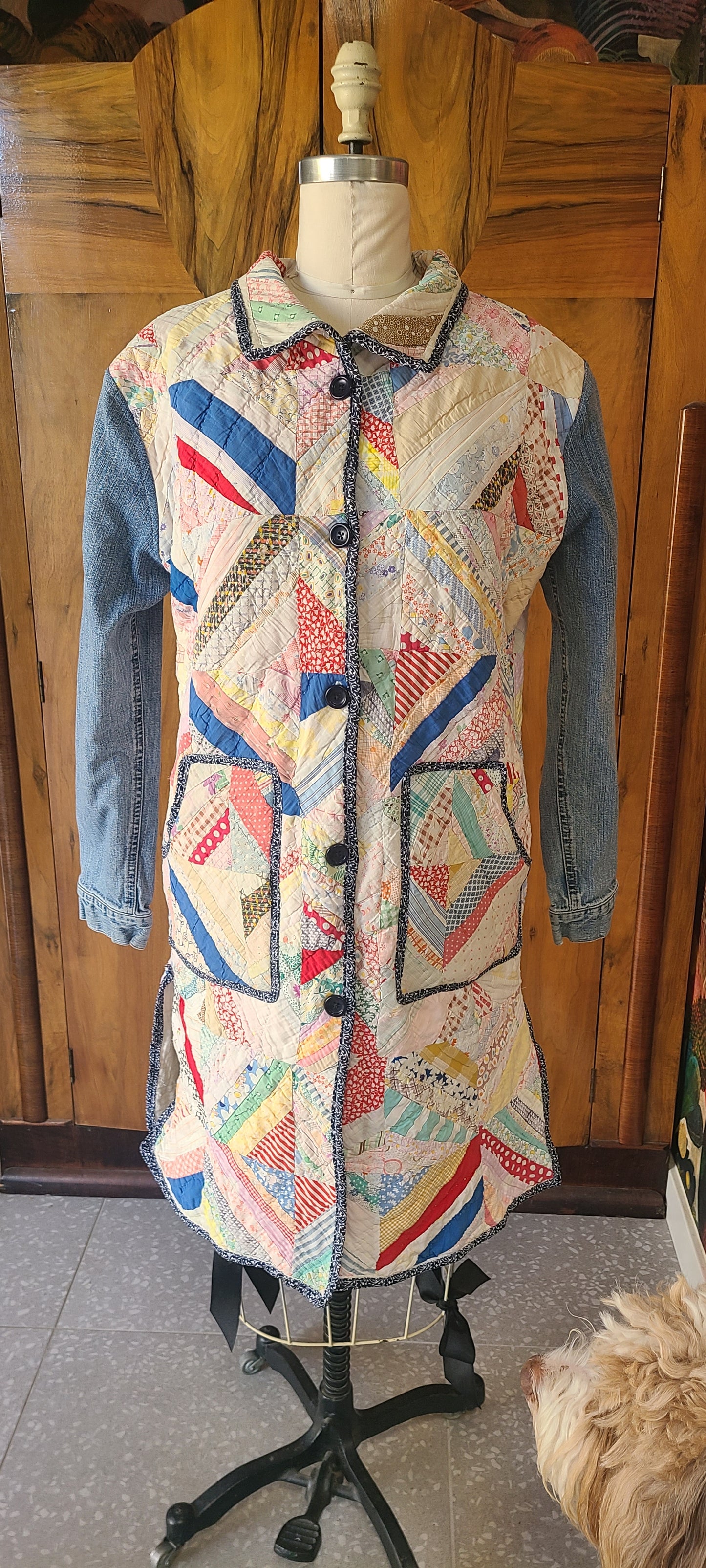 Spiderweb Quilt Duster, Denim Sleeves, Lambskin Collar