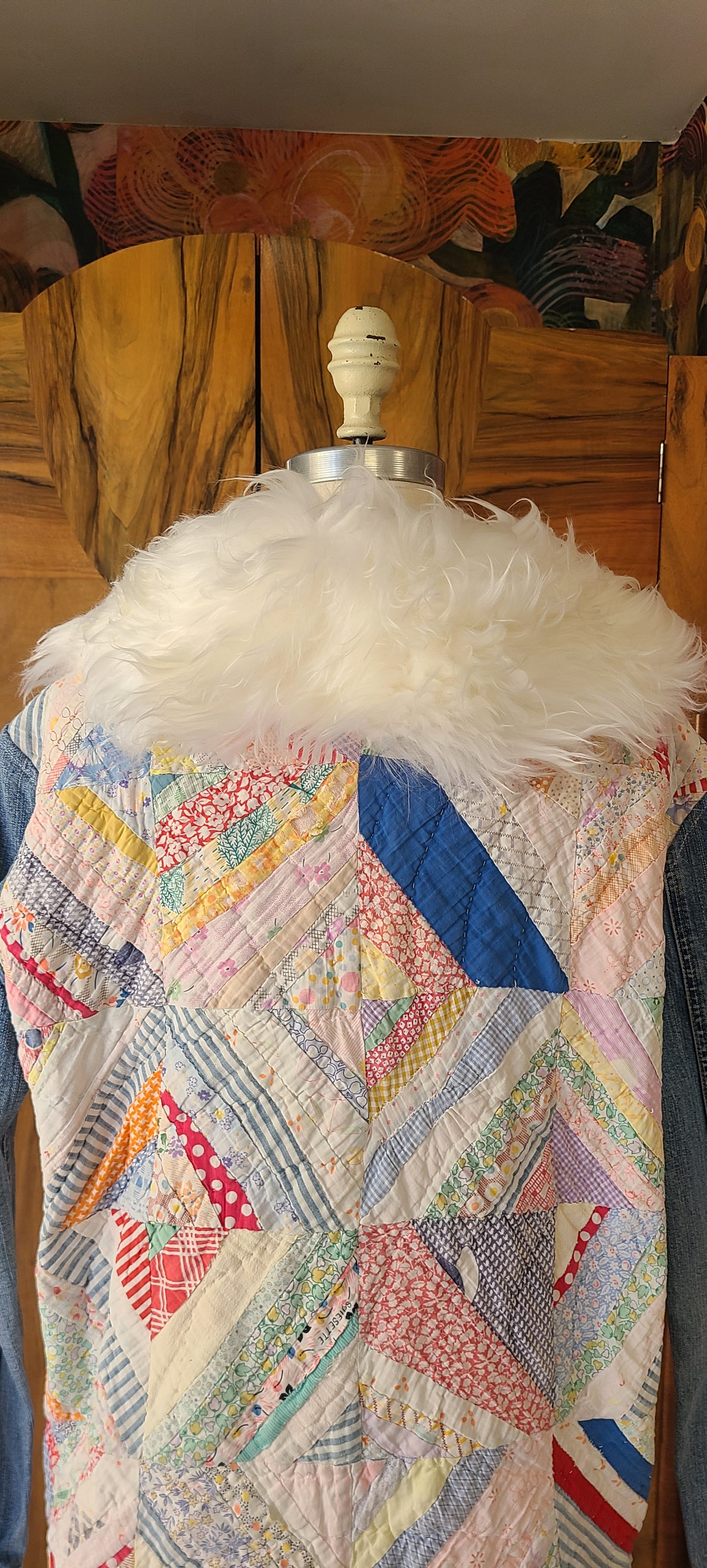 Spiderweb Quilt Duster, Denim Sleeves, Lambskin Collar
