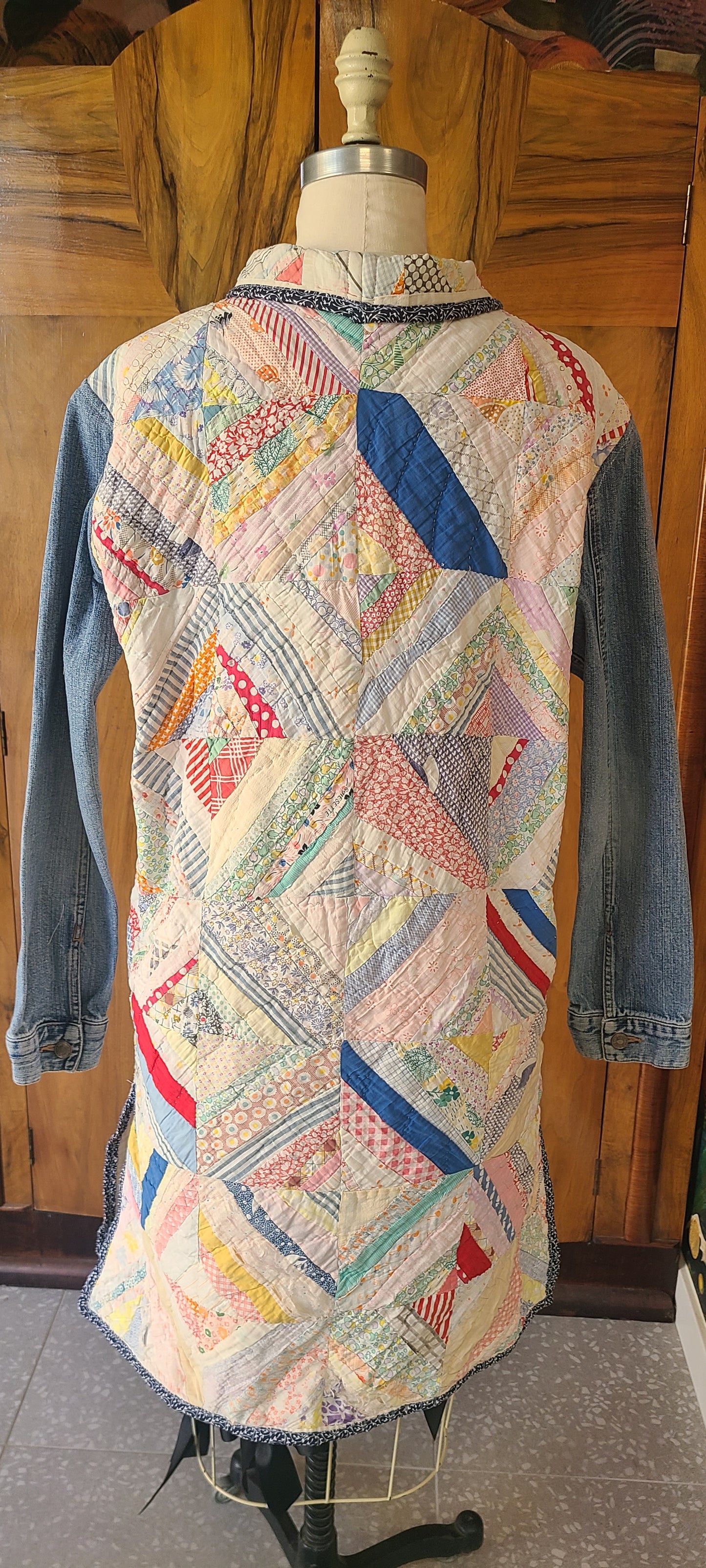 Spiderweb Quilt Duster, Denim Sleeves, Lambskin Collar
