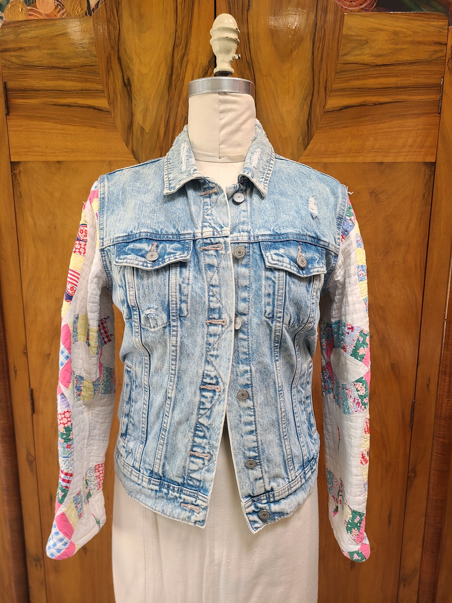 Denim upcycle with quilt sleeves and Overall Sam