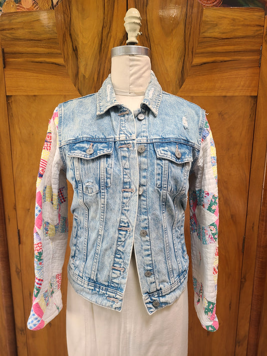 Denim upcycle with quilt sleeves and Overall Sam