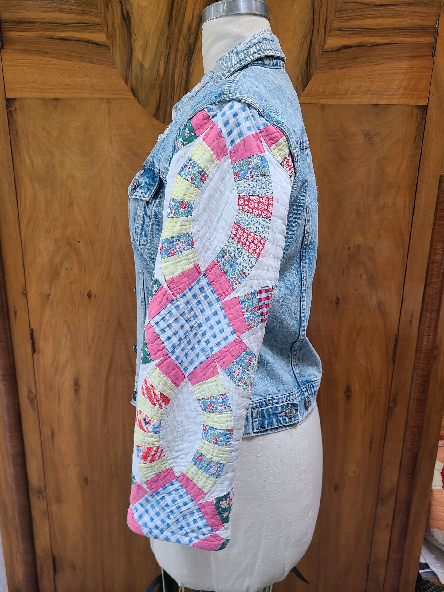 Denim upcycle with quilt sleeves and Overall Sam