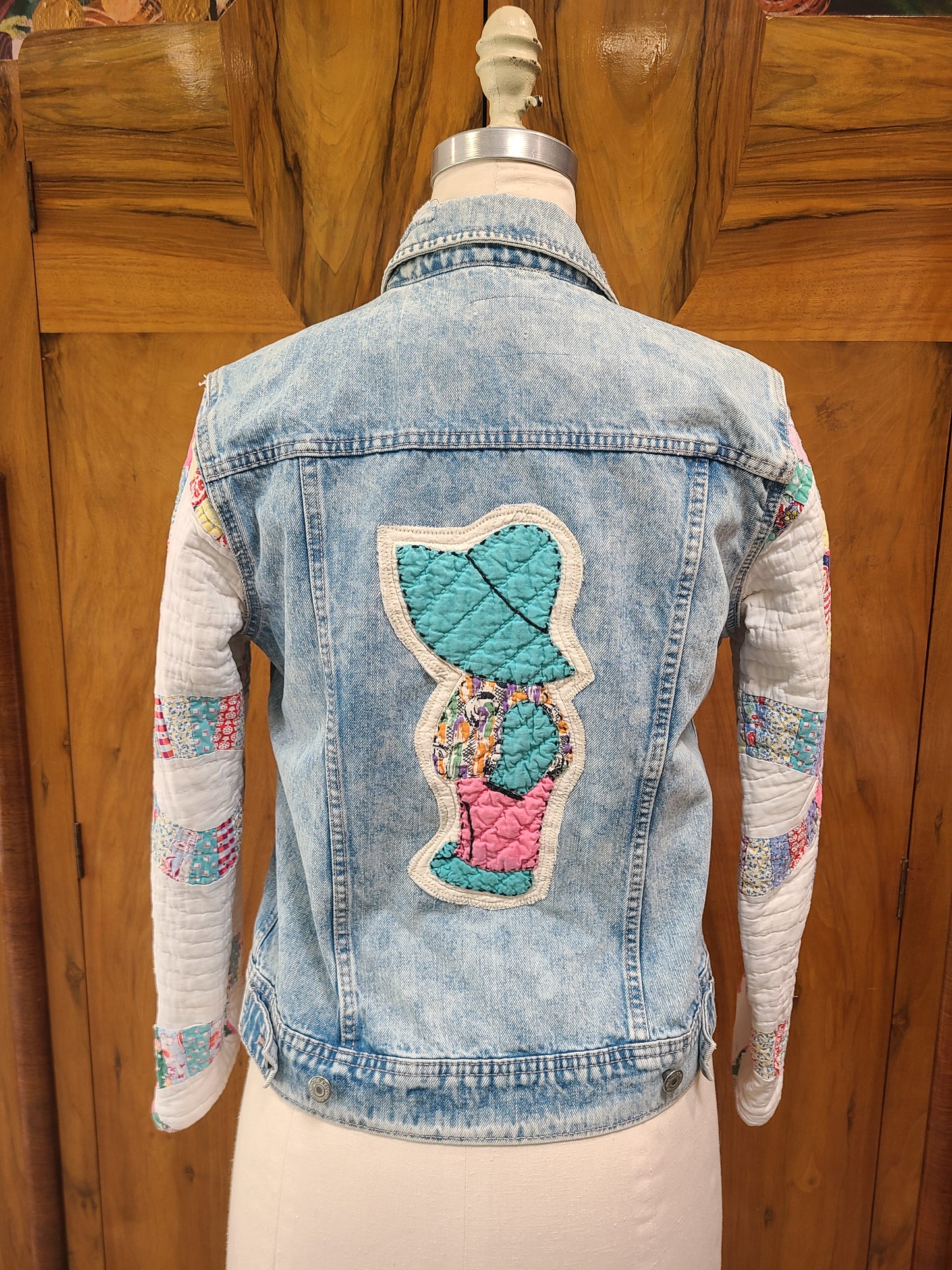 Denim upcycle with quilt sleeves and Overall Sam