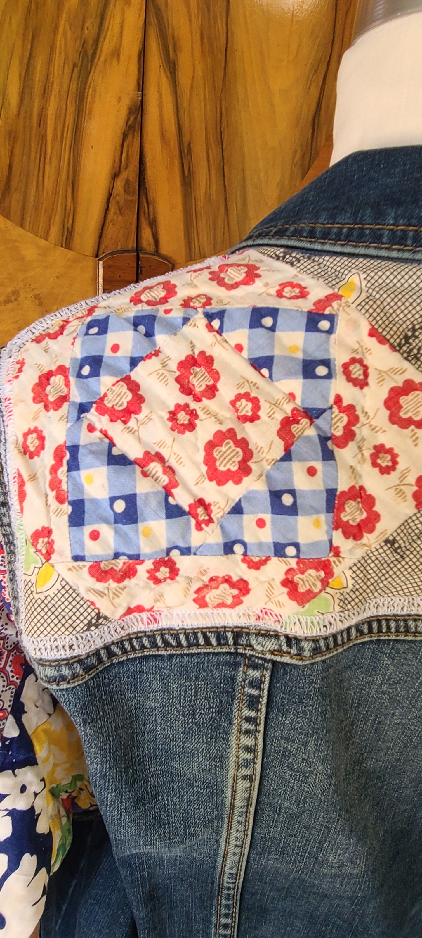 Denim Jacket with Vintage Quilt Sleeves