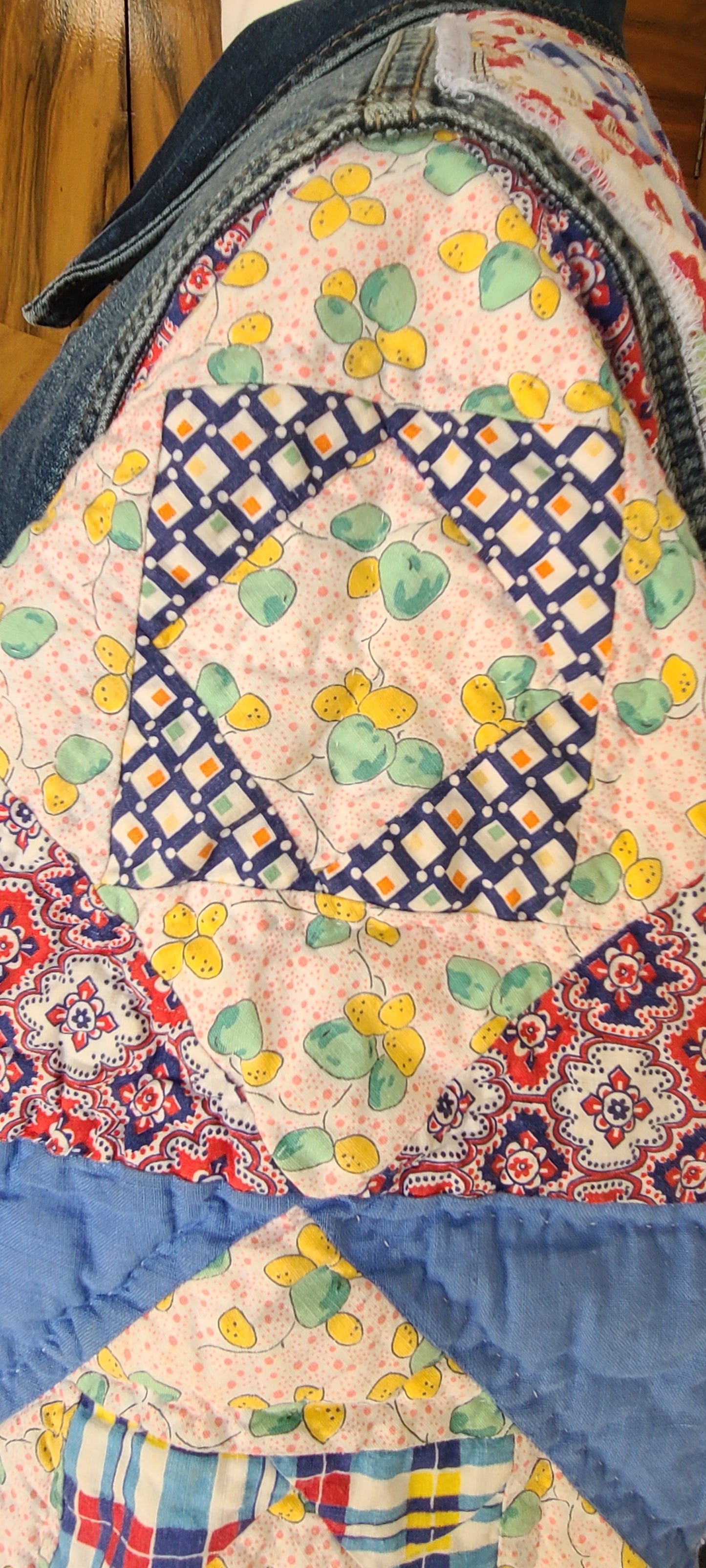 Denim Jacket with Vintage Quilt Sleeves