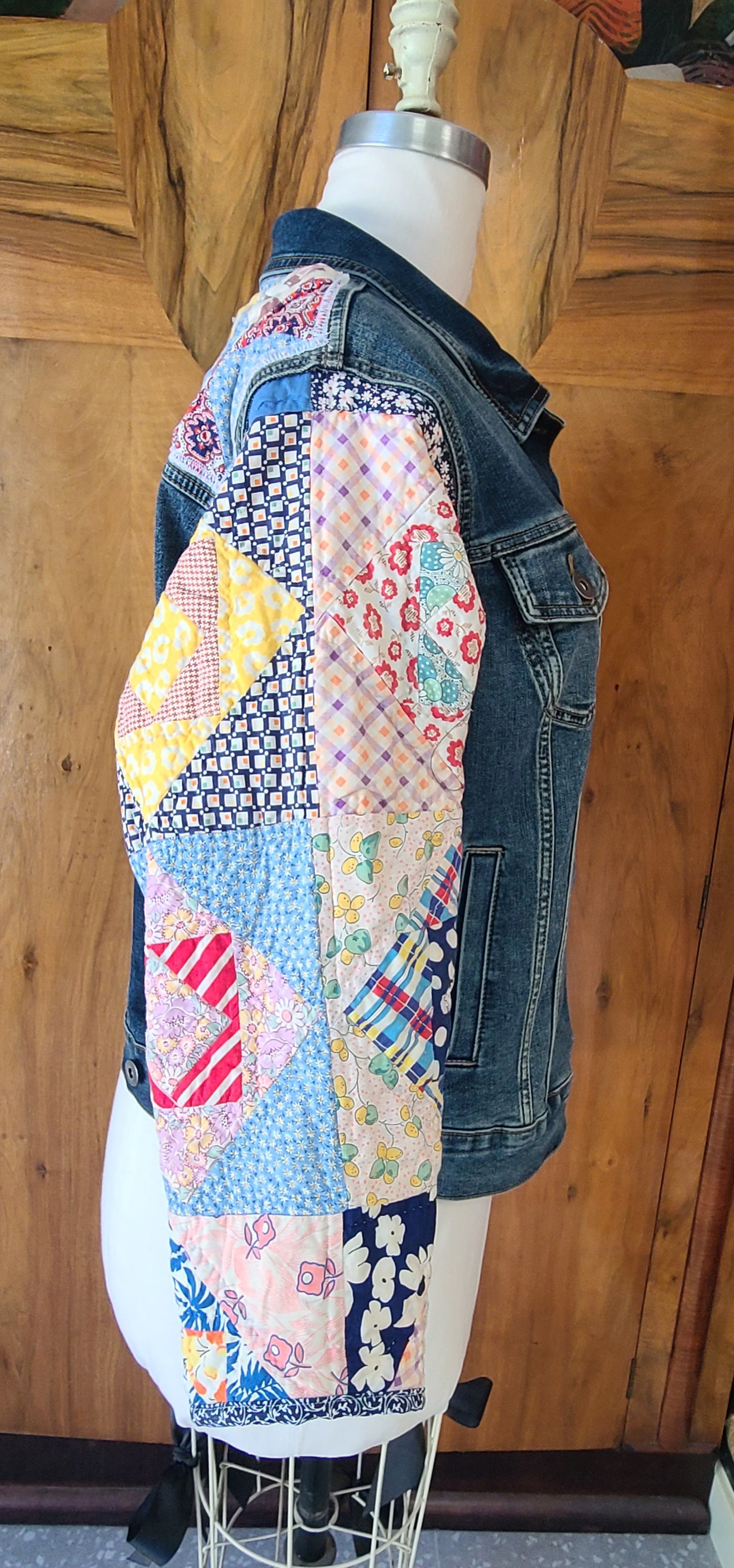 Denim Jacket with Vintage Quilt Sleeves