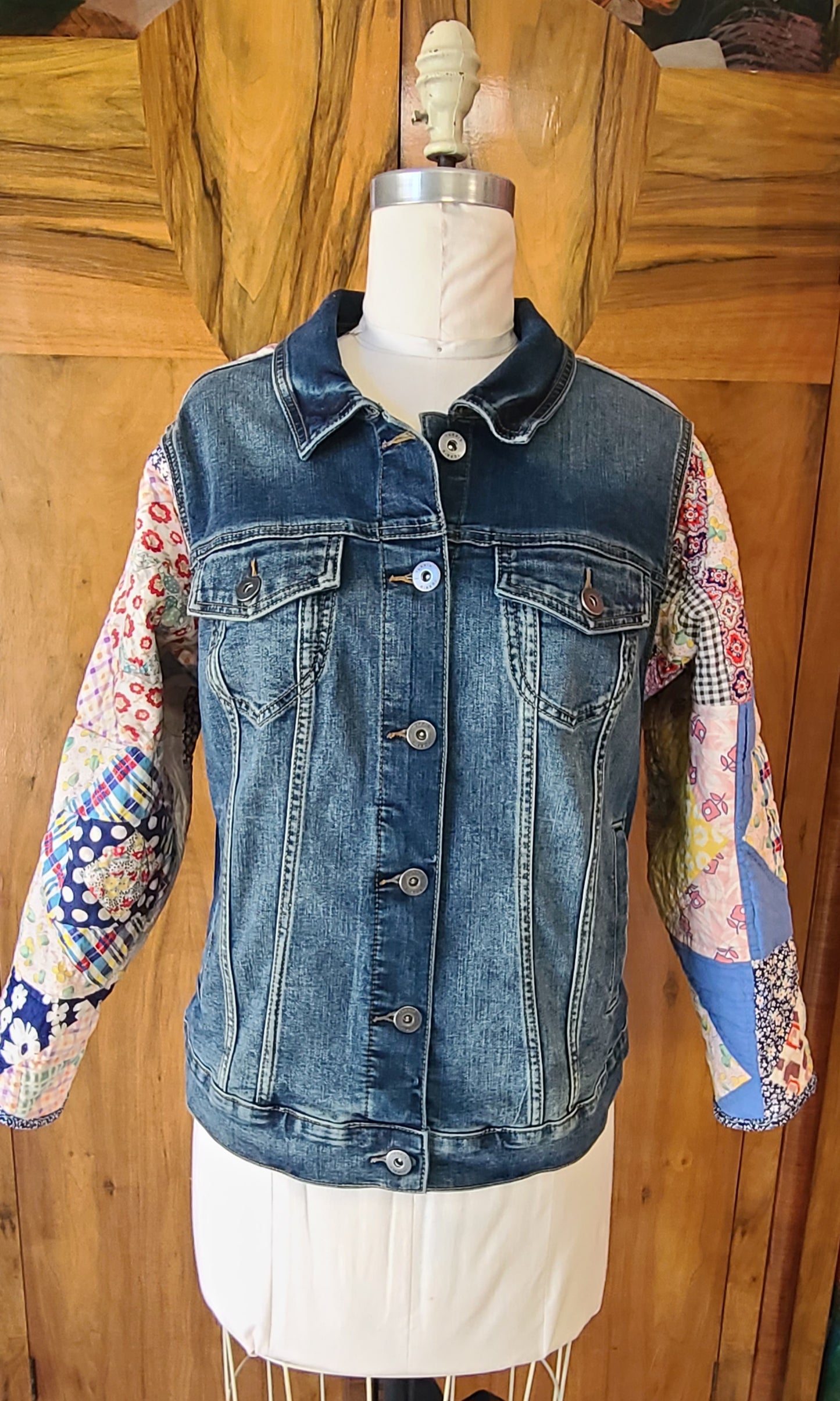 Denim Jacket with Vintage Quilt Sleeves
