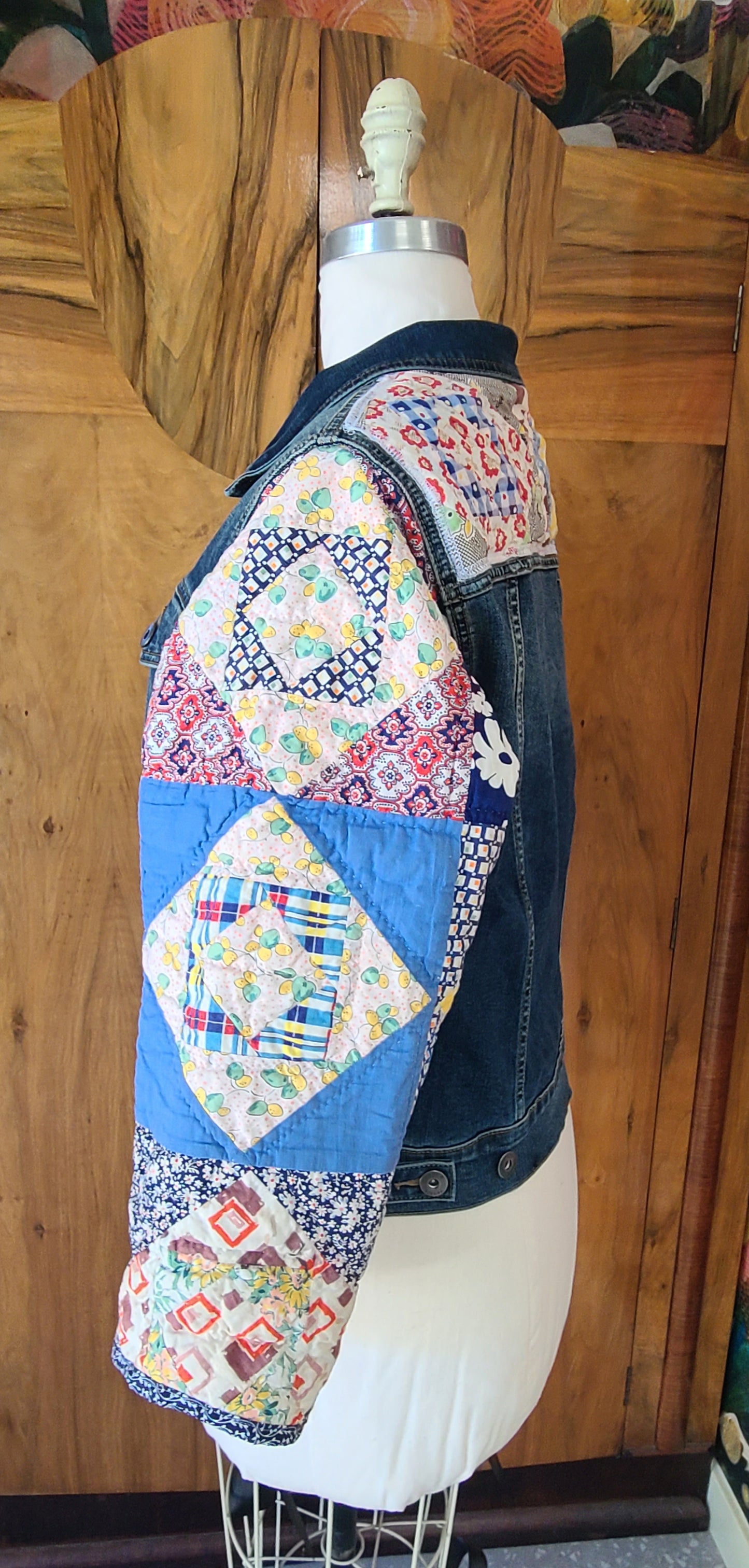 Denim Jacket with Vintage Quilt Sleeves