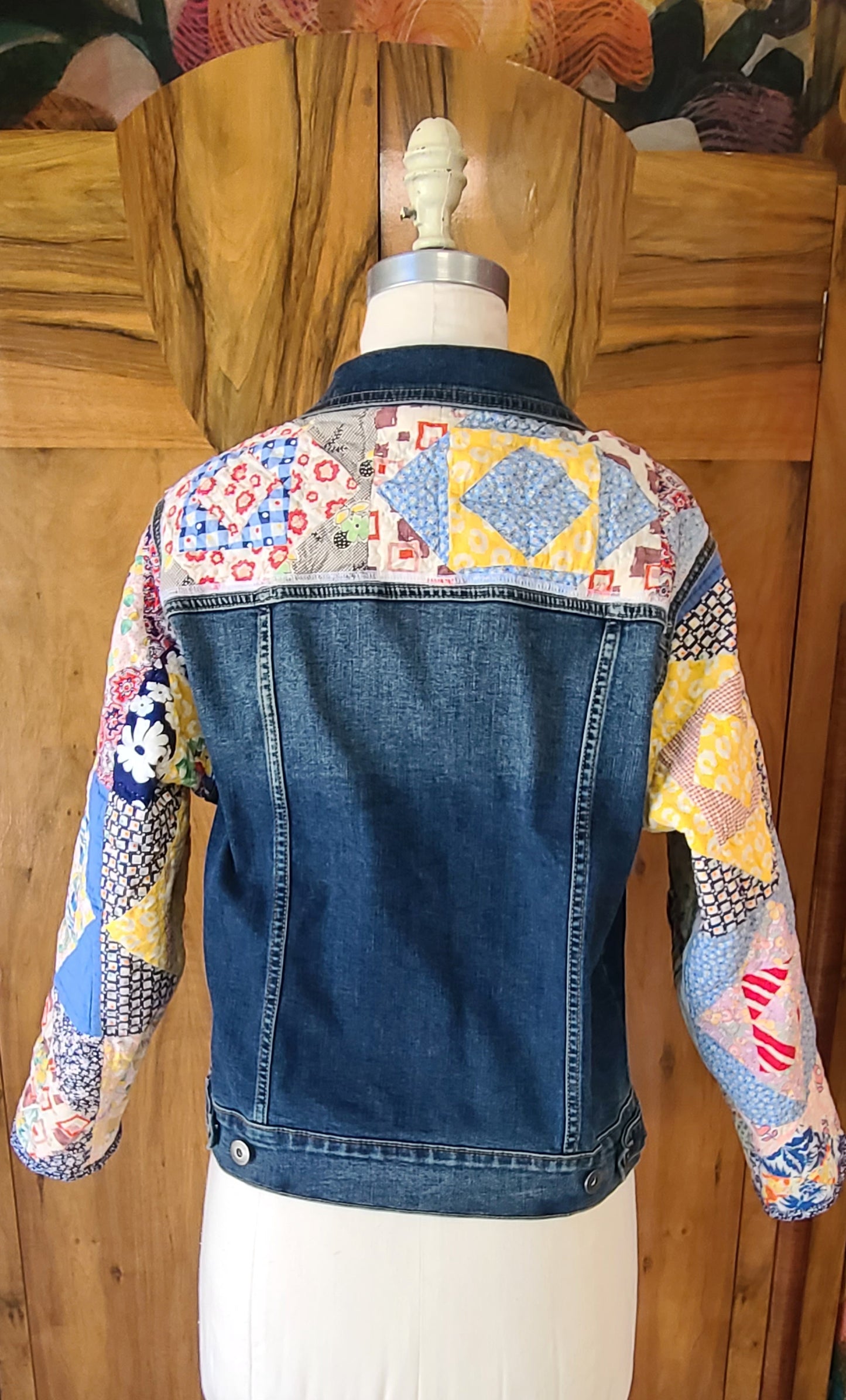 Denim Jacket with Vintage Quilt Sleeves